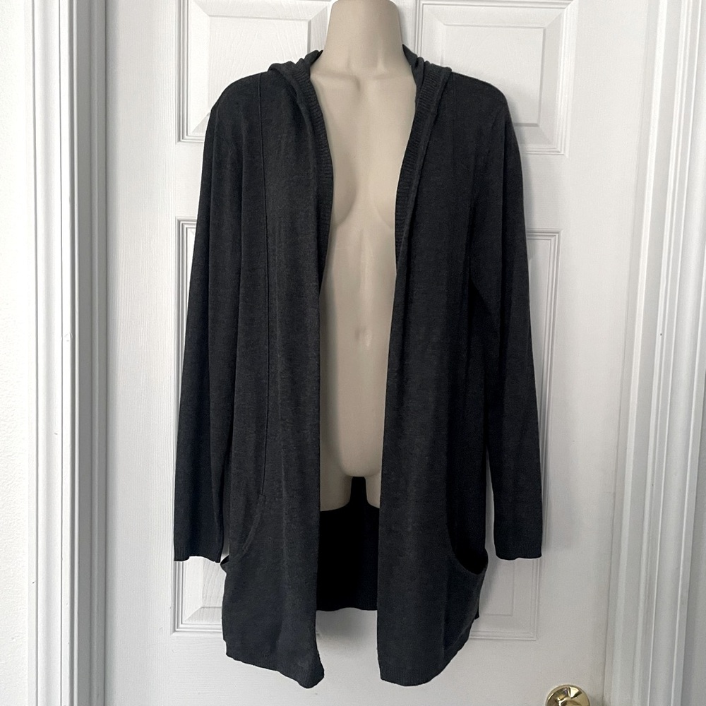 Open-Front Hooded Cardigan - Dark Charcoal